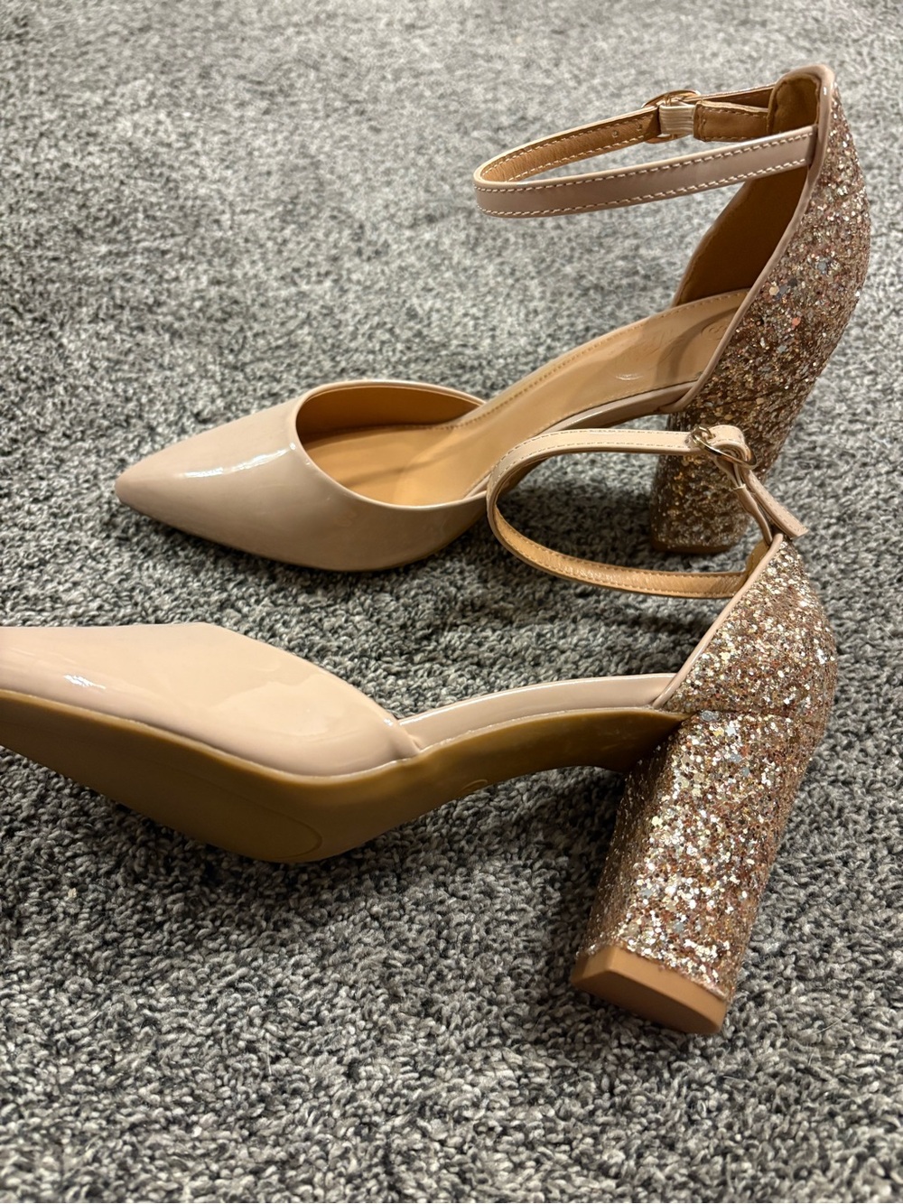 Nude Patent Pointed-Toe Ankle Strap Heels with Glitter Block Heel